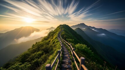 Mountain path at sunrise scenic hiking trail through green hills with dramatic sky concept for adven