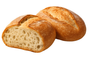 Freshly baked bread loaf and a sliced demi baguette showing an airy crumb, isolated with transparent background