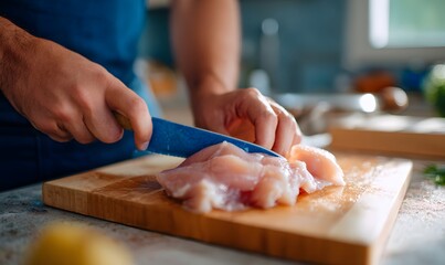 A man cuts chicken on a table with a wooden board and a blue knife
