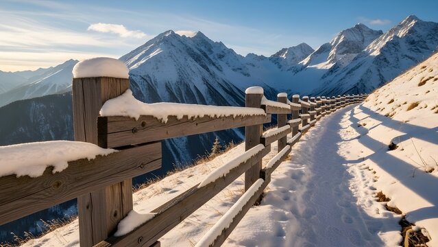 Winter mountain landscape with snow covered wooden fence path and snowy peaks scenic view travel photography - Powered by Adobe