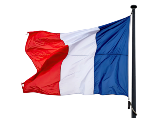 A close-up shot of a flag with vertical stripes of red, white, and blue, waving against a black background