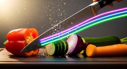 Chef knife slicing fresh vegetables with vibrant neon light trails effect