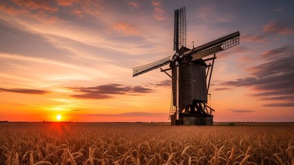 Beautiful windmill landscape at sunset with wheat field travel tourism scenic view countryside photography