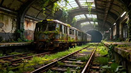 Abandoned train overgrown railway station nature reclaiming urban decay post apocalyptic transportation forgotten travel moss vines rust decay derelict tunnel platform tracks rails