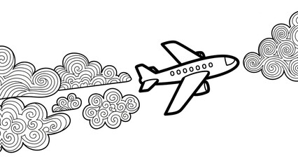A black and white drawing of an airplane flying through clouds, simple and clean.