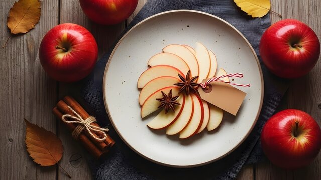 Sliced red apples on a plate with cinnamon sticks autumn food photography for Thanksgiving and fall
