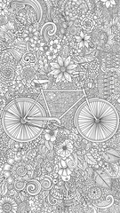 Intricate black and white illustration of a vintage bicycle surrounded by a dense pattern of flowers and swirling organic shapes.