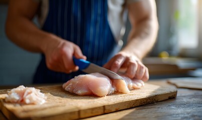A man cuts chicken on a table with a wooden board and a blue knife