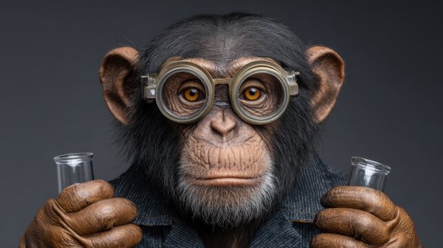Curious monkey with glasses holding test tubes in a science lab environment, showcasing intelligence and creativity in the laboratory
