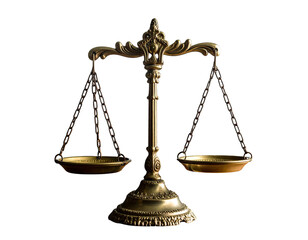 Ornate golden scale with two pans hanging from a central column against a black backdrop