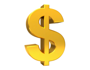 A 3D rendered dollar sign with a golden texture against a black background