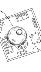 A detailed illustration of a robotic vacuum cleaner navigating a room, cleaning the floor.