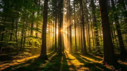 Obraz premium Sunlight streams through a dense forest creating shadows and a serene natural landscape