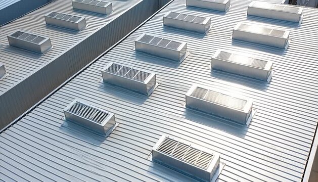 Industrial roof ventilation system for large buildings industrial ventilation systems aerial view., roof.