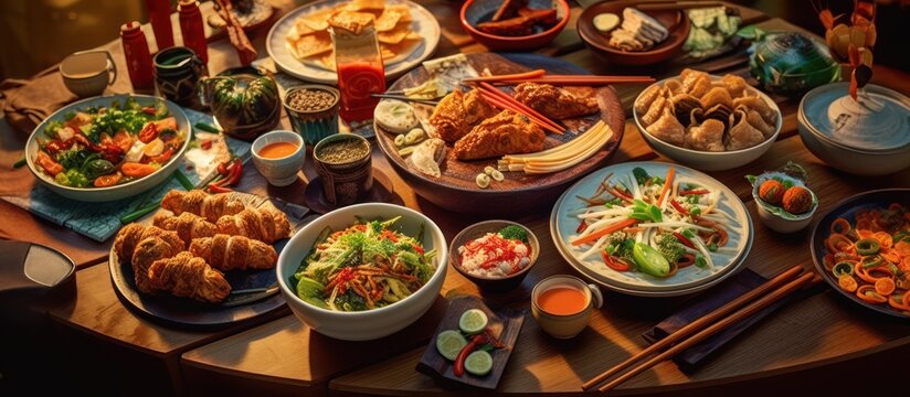A lavish feast of diverse international dishes on a rustic wooden table. - Powered by Adobe