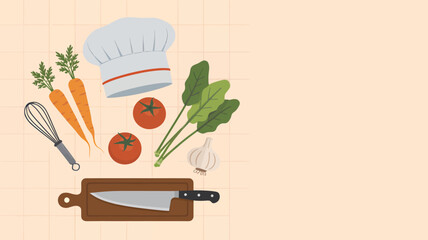 Cooking ingredients flat lay illustration including vegetables knife chefs hat and cutting board ideal for culinary blog or recipe website
