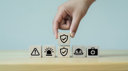 Safety First: a hand carefully places a block, completing a formation of symbols representing health, caution and security, symbolizing the concept of protection and responsibility.
