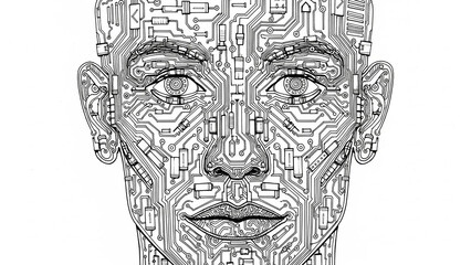 Conceptual black and white illustration of a human face made from a detailed electronic circuit board.