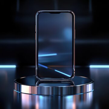 smartphone with a reflective surface on a futuristic podium, dark blur background