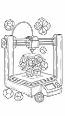 A 3D printer creating intricate geometric shapes, surrounded by various polyhedra, in a detailed line art style.