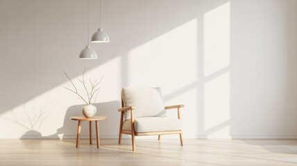 Serene Living Space: An inviting minimalist interior featuring a comfortable armchair, a small side table with a vase and decorative branches, illuminated by the gentle embrace of sunlight. 