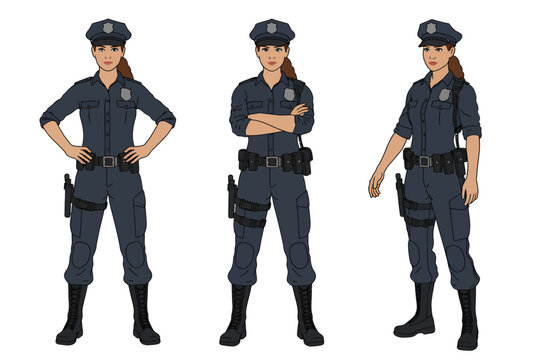 Illustration of a female police officer in uniform standing in various poses vector cartoon character isolated on white