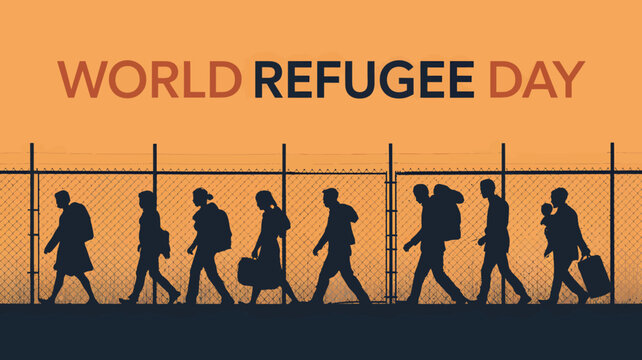 World Refugee Day illustration featuring silhouettes of refugees walking along a fence concept for awareness and support