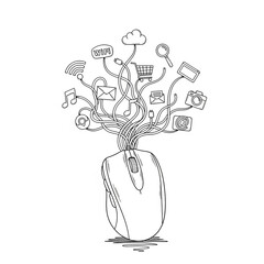 Hand-drawn conceptual illustration of a computer mouse with wires growing into various internet and media icons.
