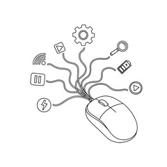 A computer mouse with various icons representing different functions and features connected by wires.