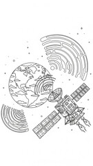 Illustration depicting a satellite transmitting signals to Earth, showcasing technology and communication.