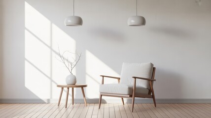 Serene Interior Scene: A modern living space bathed in soft light, featuring minimalist furniture and a touch of nature's beauty to create a peaceful environment.