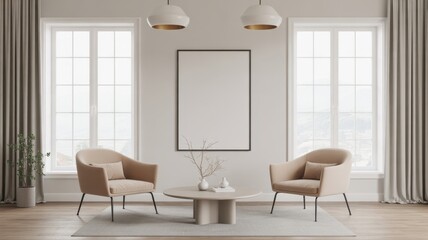Minimalist Living Room Elegance: A tranquil living room with clean lines, soft textures, and a balance of natural light, offering a canvas for modern living and comfort.