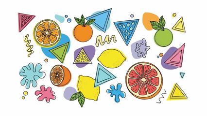 Vibrant Citrus Fruit Medley with Geometric Shapes and Playful Splatters.