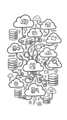 Illustration depicting cloud computing, data storage, and interconnected digital networks.