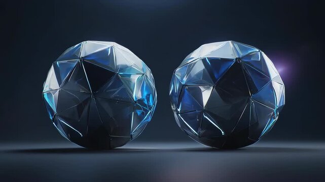 Abstract composition of two shimmering faceted crystal globes, a sophisticated and futuristic computer-generated illustration with a vibrant metallic sheen