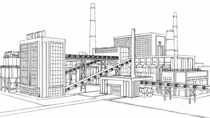 Industrial factory complex with multiple buildings and smokestacks in line art.