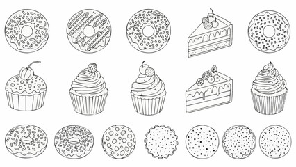 Assorted Desserts - Donuts, Cupcakes, and Cake Slices in Line Art.