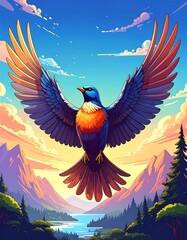 Obraz premium Bird in mid-flight with wide wings against sunset and mountains