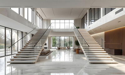 Fototapeta premium Modern luxury home interior with grand symmetrical staircases