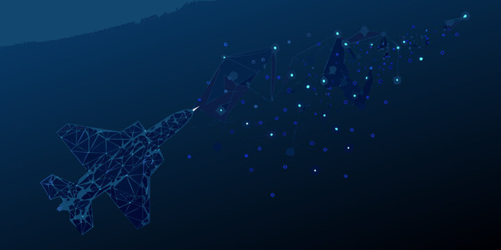 Abstract low poly fighter jet with data stream in dark blue