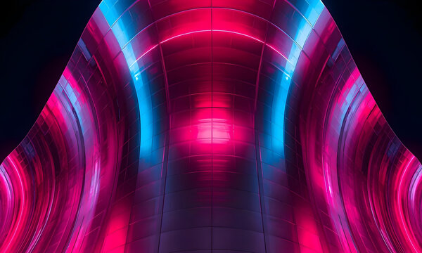 Abstract curved tunnel with vibrant neon magenta and blue lighting - Powered by Adobe