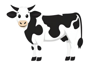 A friendly cartoon black and white holstein friesian cow standing calmly isolated on transparent background