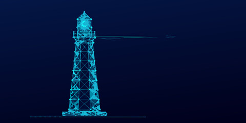 Abstract lighthouse illustration in blue modern digital and conceptual design