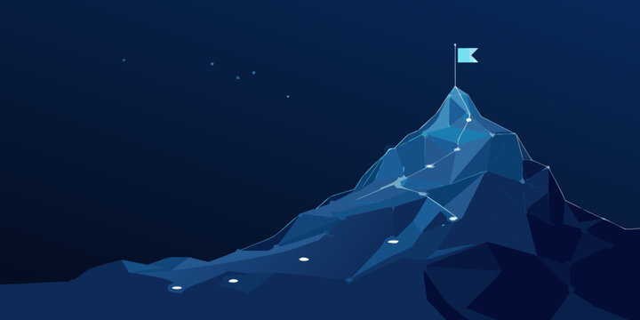 Abstract mountain peak with flag and path to success in blue tones