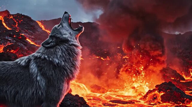 Eerie Black Wolf with Glowing Eyes in a Fiery Volcanic Landscape with Flowing Lava at Dusk