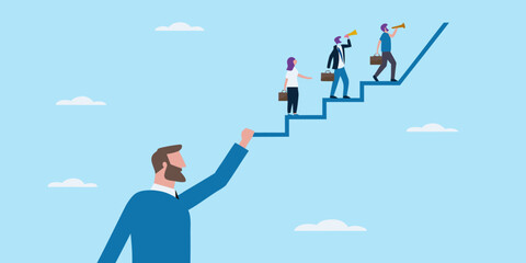 Business team climbing stairs to success with leader helping up