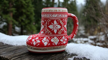 Festive boot shaped drinking vessel with fair isle pattern rests on snowy wooden surface outdoors