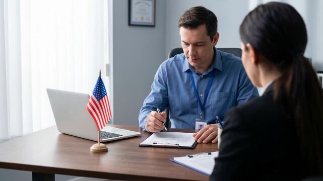 Immigration officer reviewing visa application documents with client at desk, concept of US citizenship interview and legal consultation