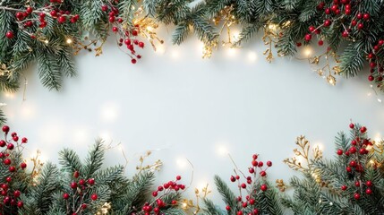 Festive christmas garland with frosted pine branches red berries and warm fairy lights framing a blank white background