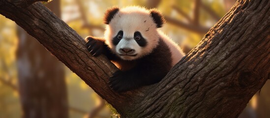 Obraz premium Adorable Panda Bear Perched on a Tree Branch in a Natural Habitat.